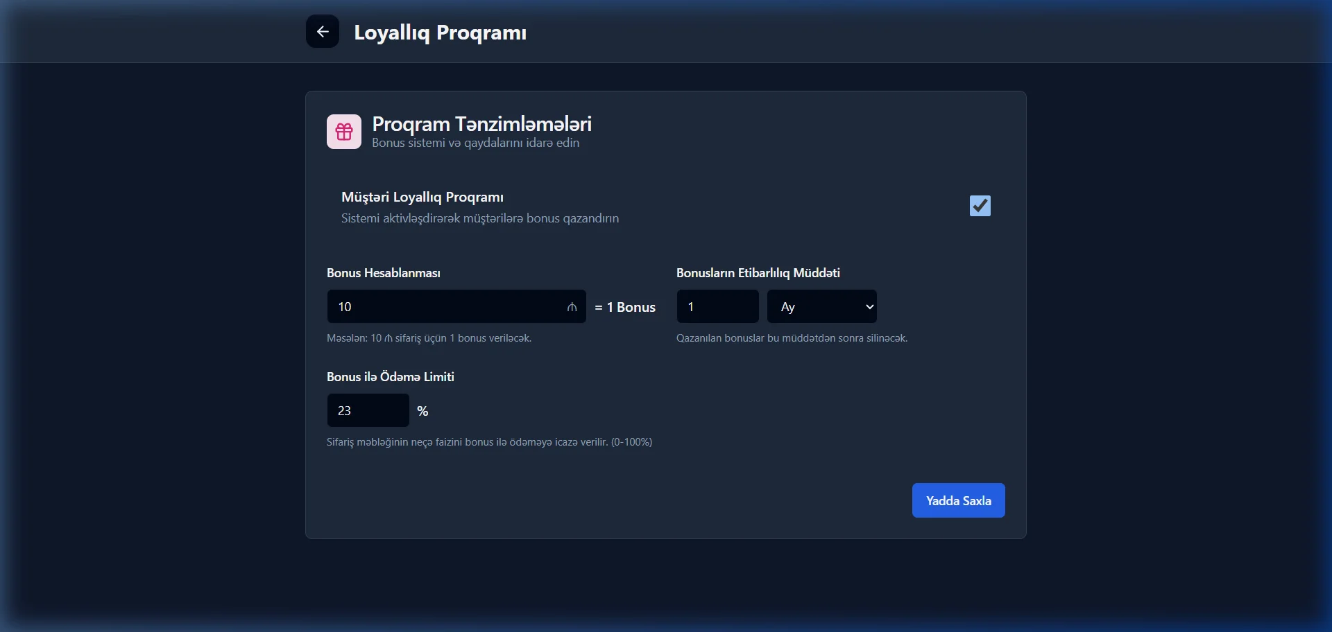 SmartApp.az loyallıq proqramı tənzimləmələri qaranlıq rejim