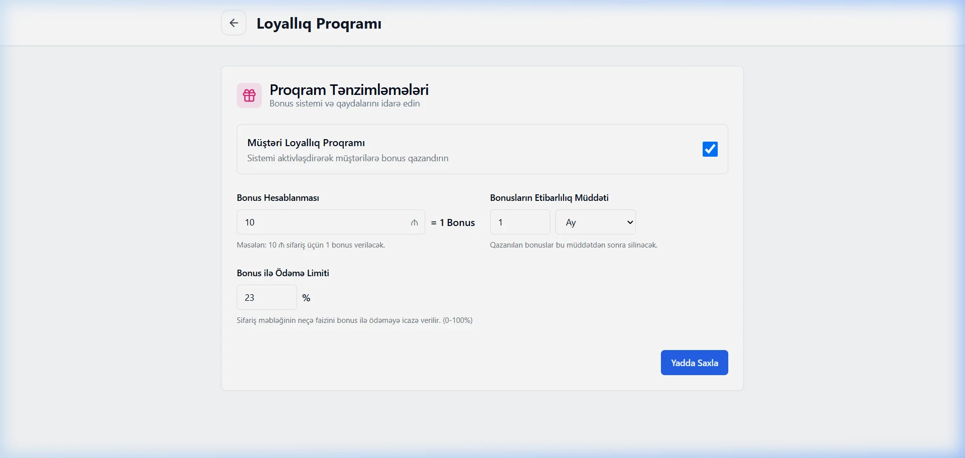 SmartApp.az loyallıq proqramı tənzimləmələri işıqlı rejim