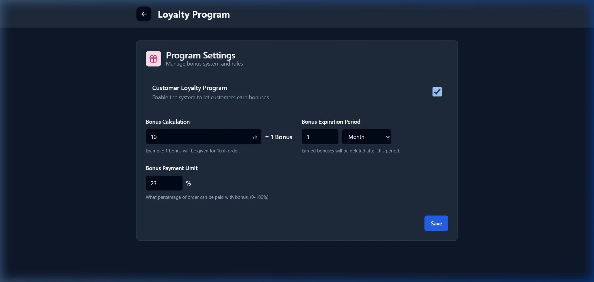 SmartApp.az loyalty program settings dark mode