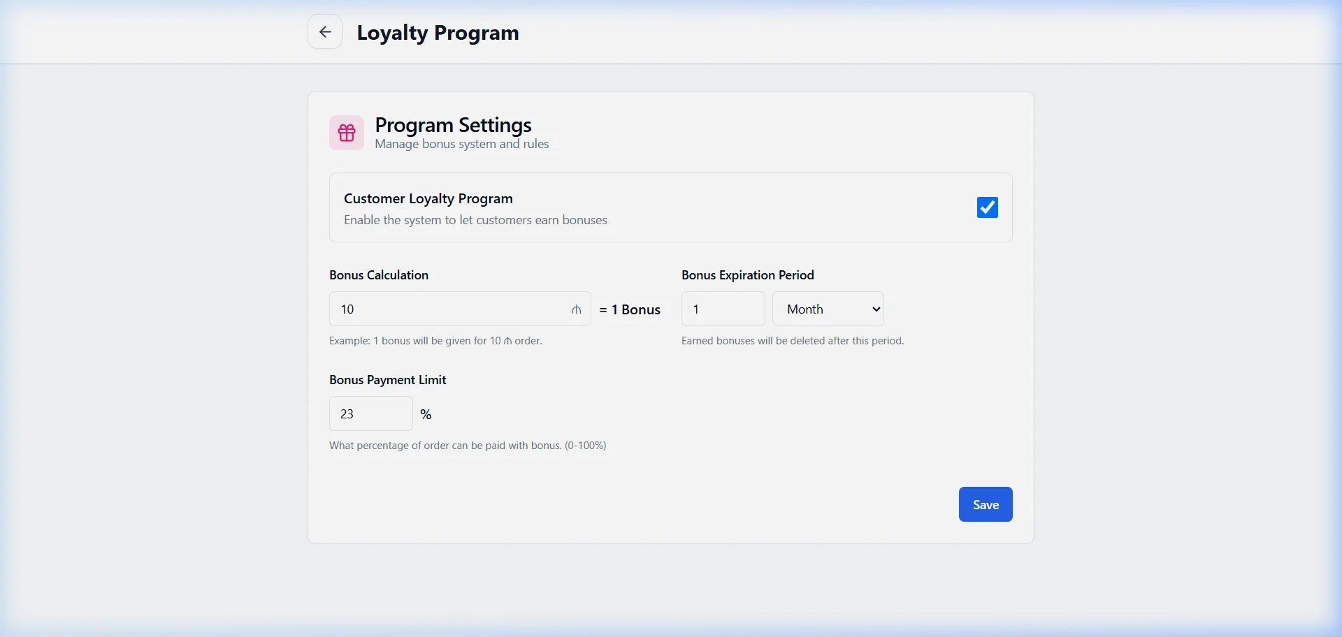SmartApp.az loyalty program settings light mode
