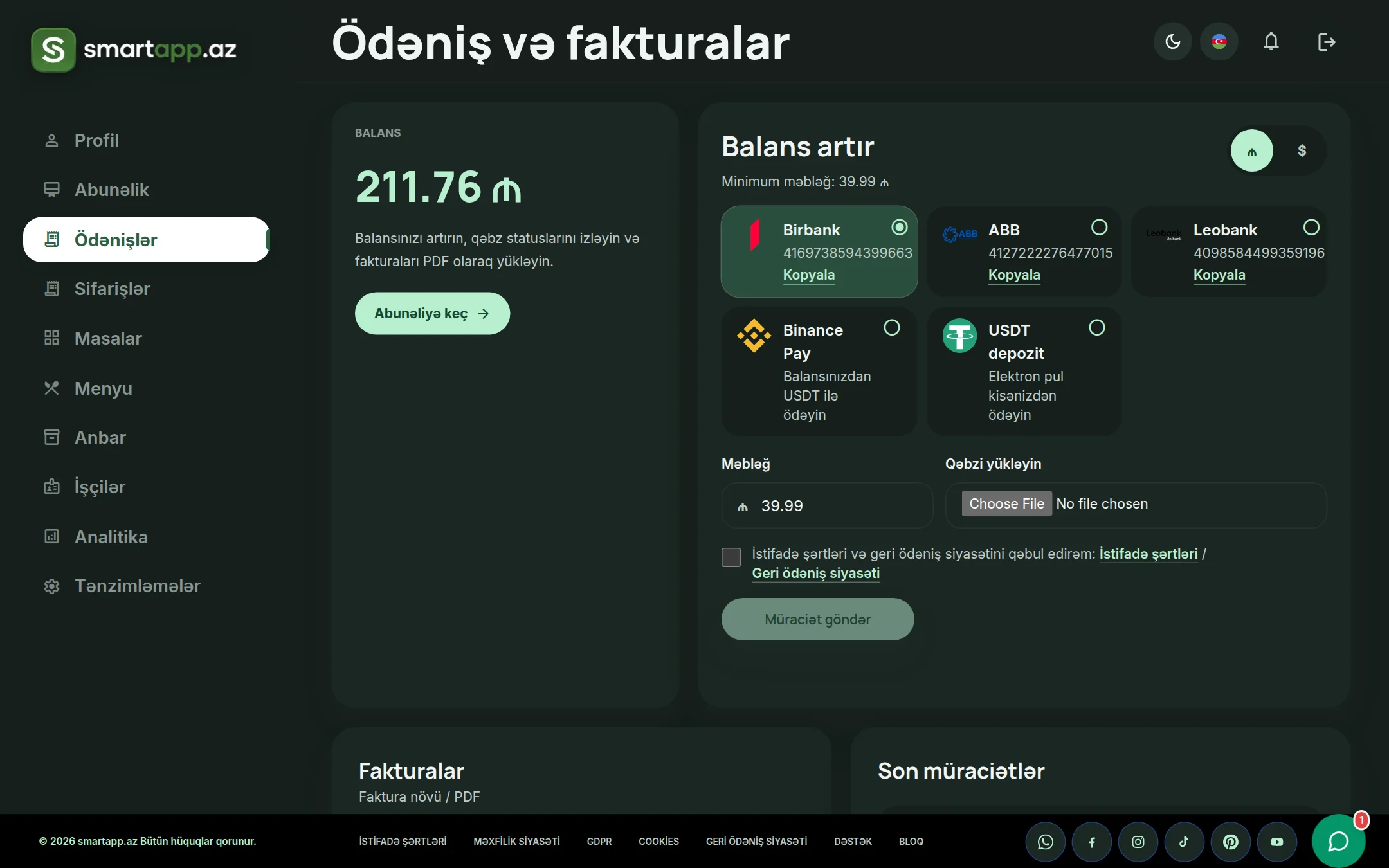 SmartApp.az ödəniş və fakturalar qaranlıq rejim