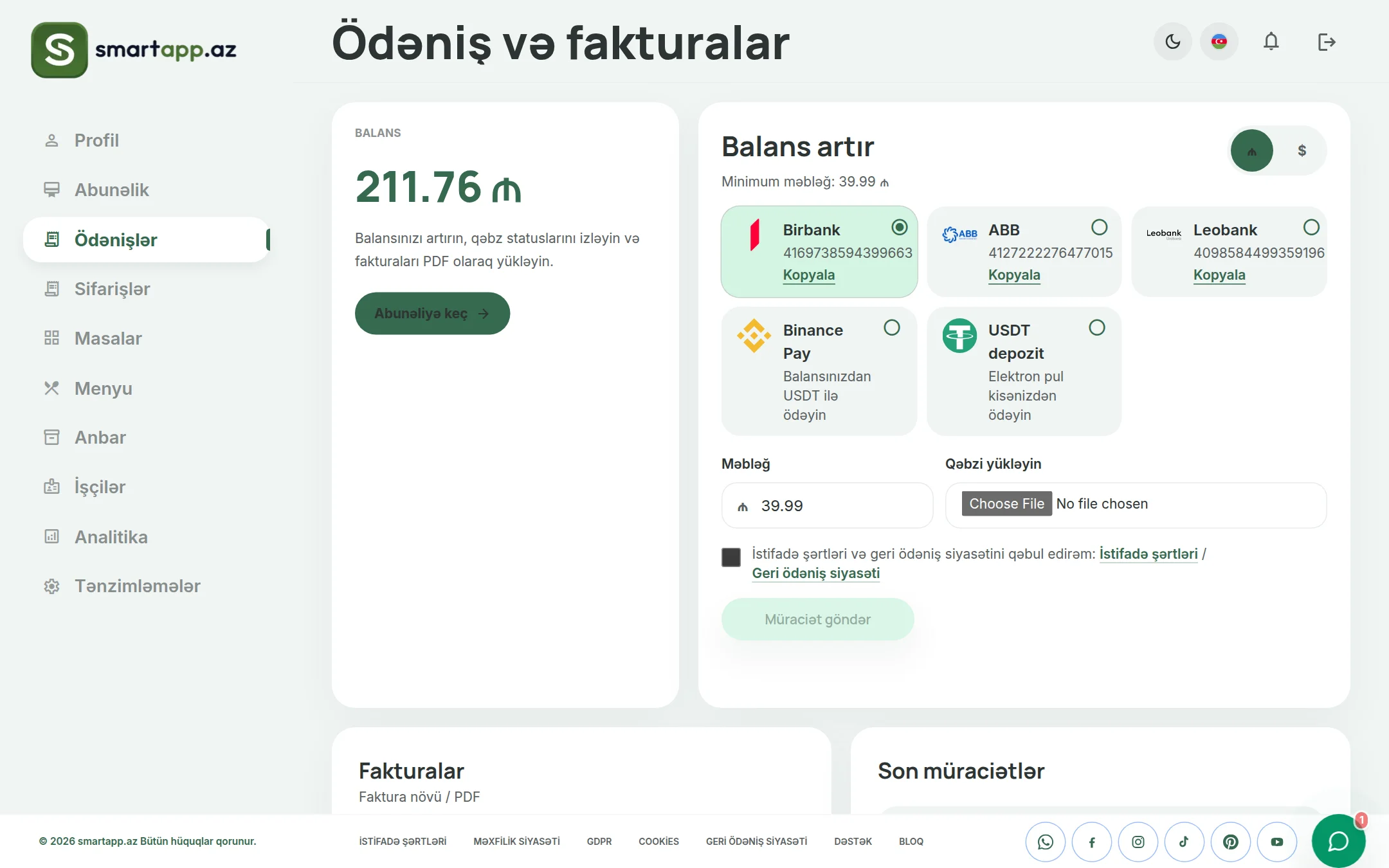SmartApp.az ödəniş və fakturalar işıqlı rejim