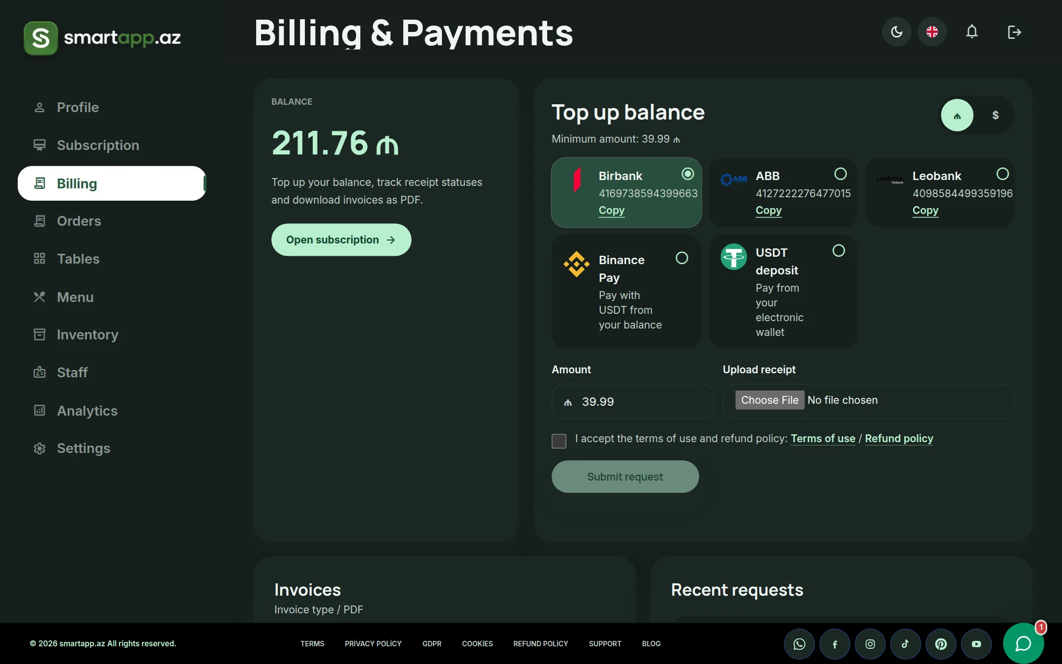 SmartApp.az billing and invoices dark theme