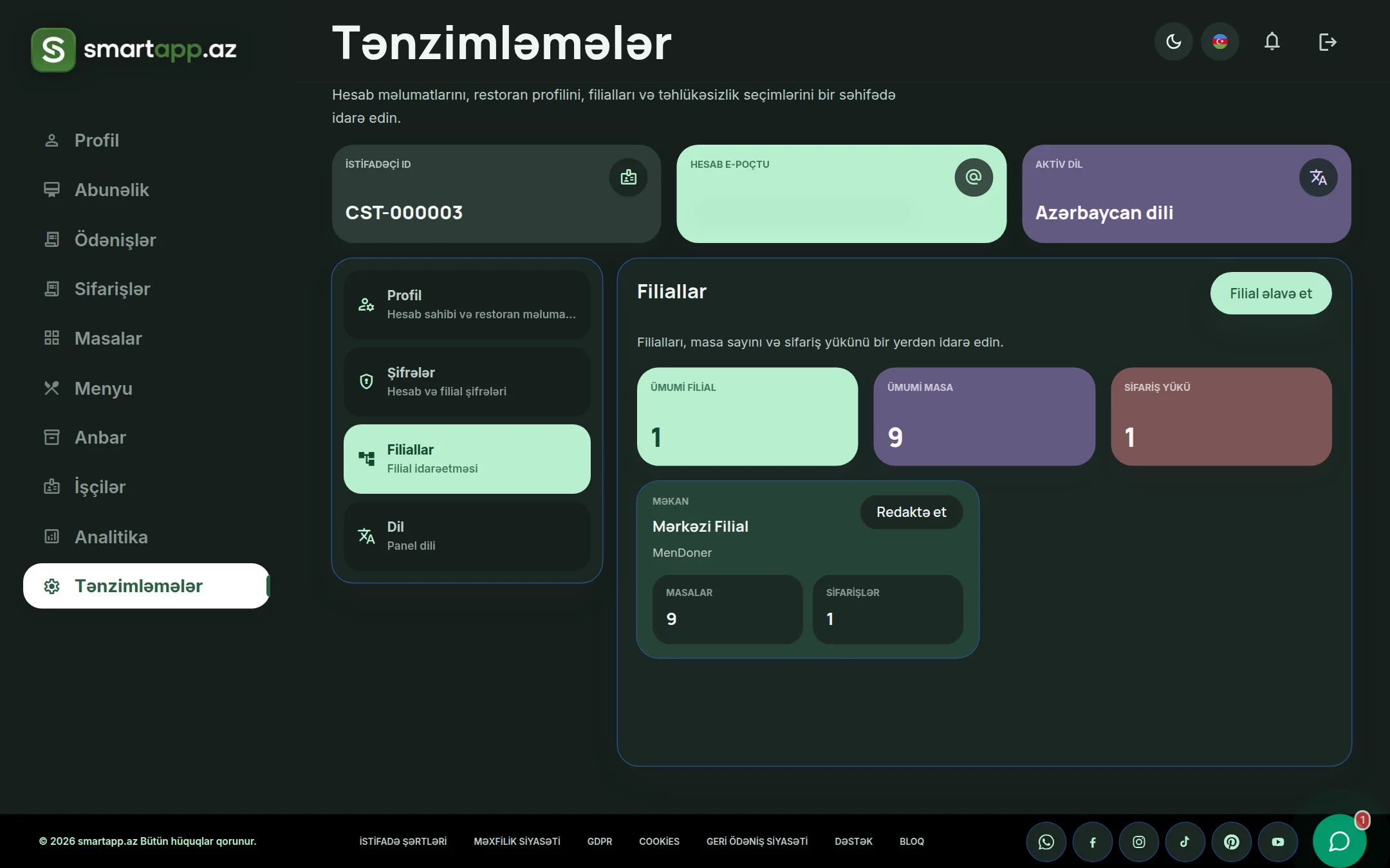 SmartApp.az filial idarəetməsi paneli qaranlıq rejim