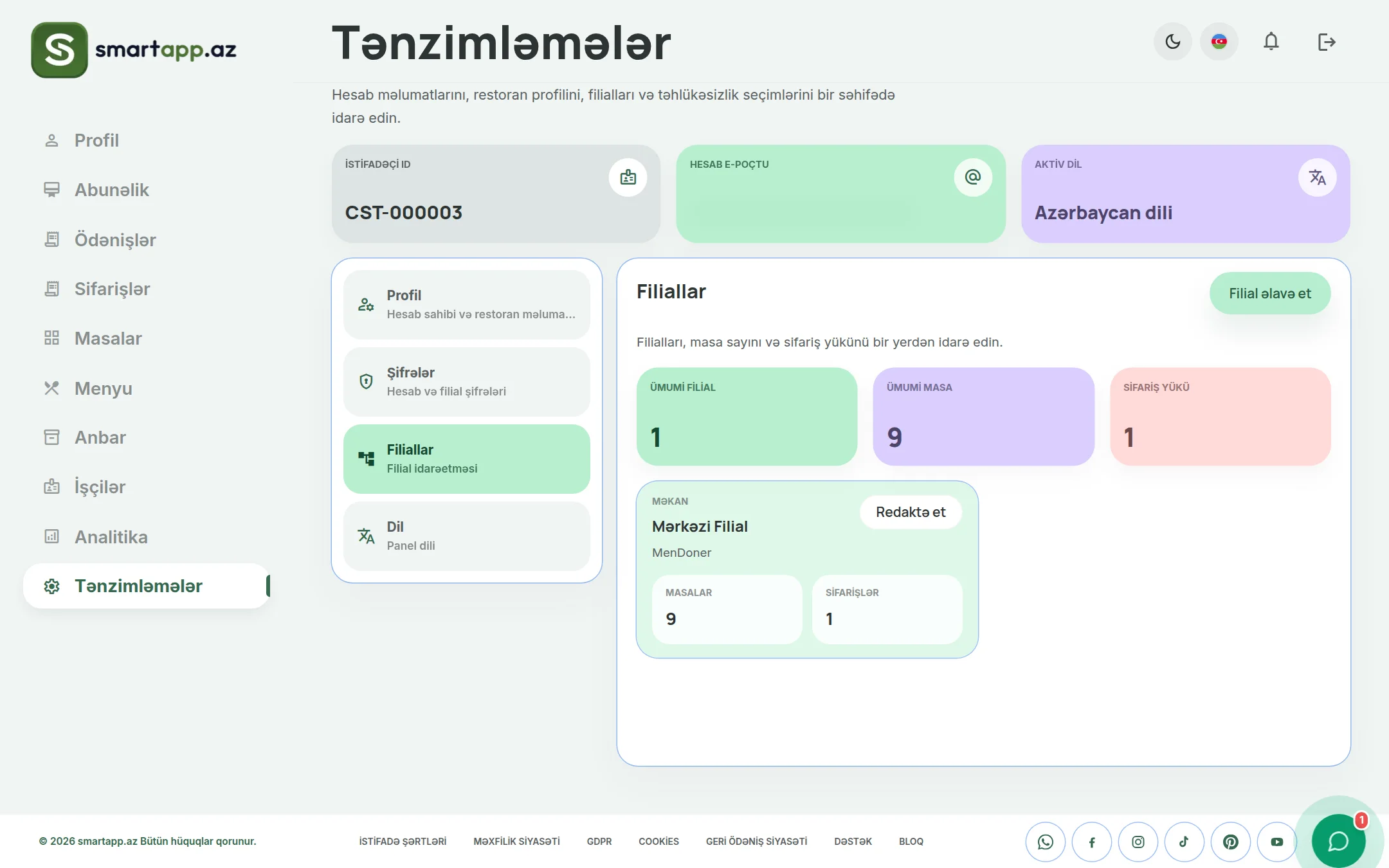 SmartApp.az filial idarəetməsi paneli işıqlı rejim