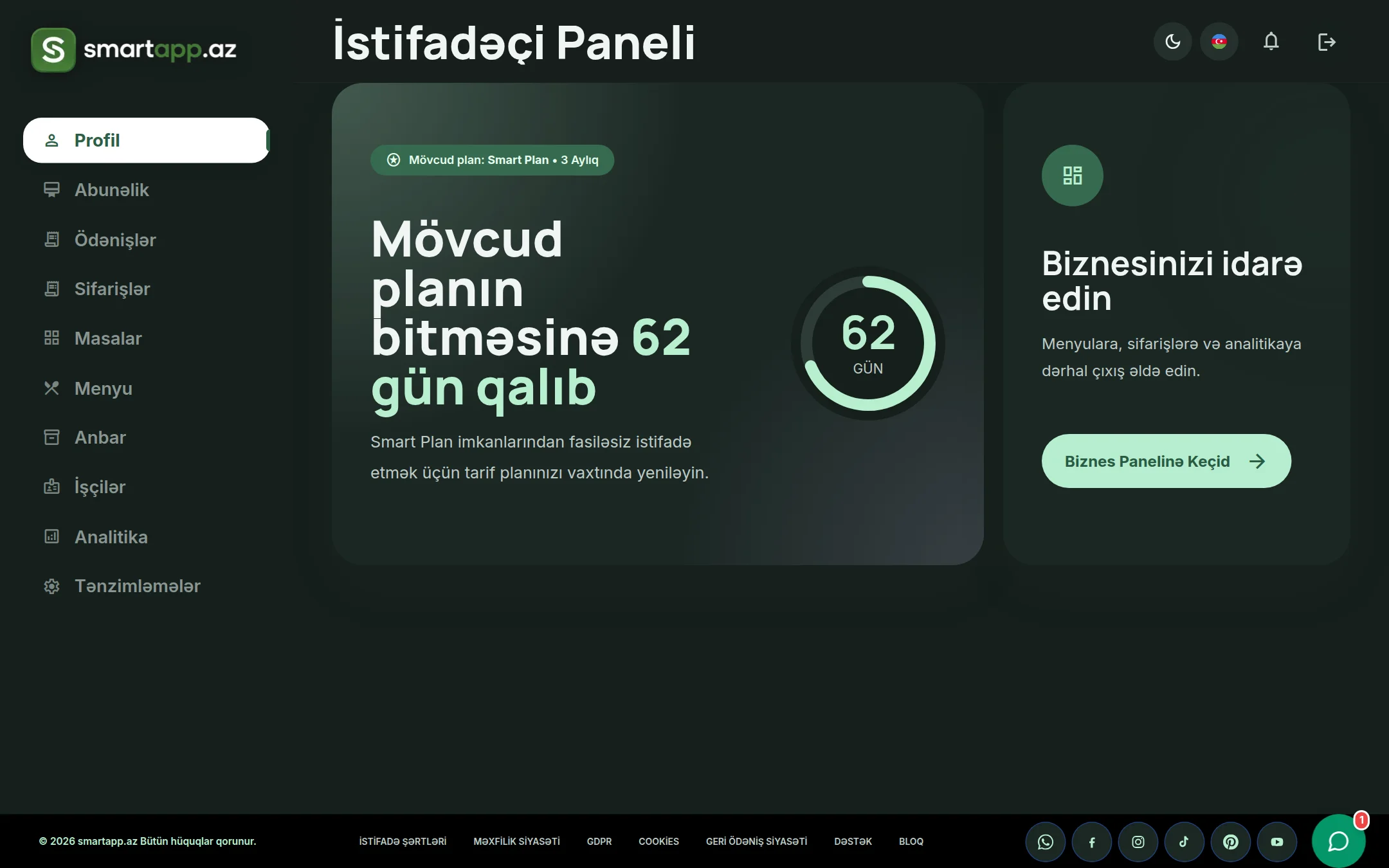 SmartApp.az istifadəçi paneli icmalı qaranlıq rejim