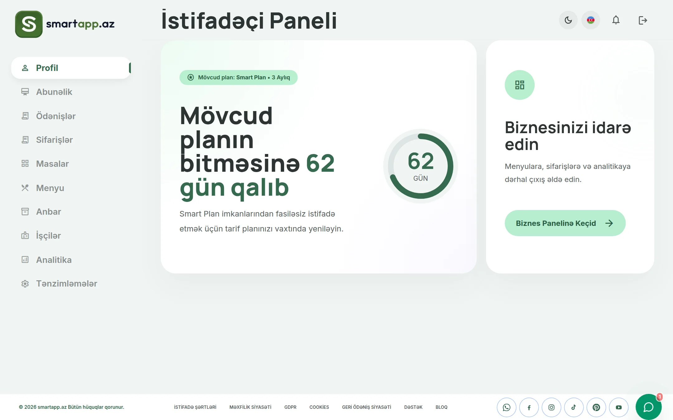 SmartApp.az istifadəçi paneli icmalı işıqlı rejim