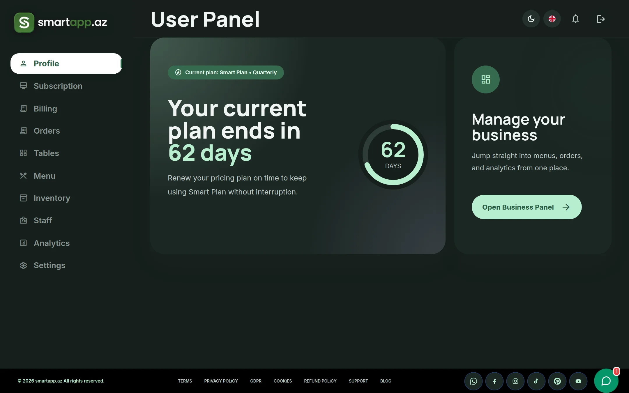 SmartApp.az user panel overview dark theme