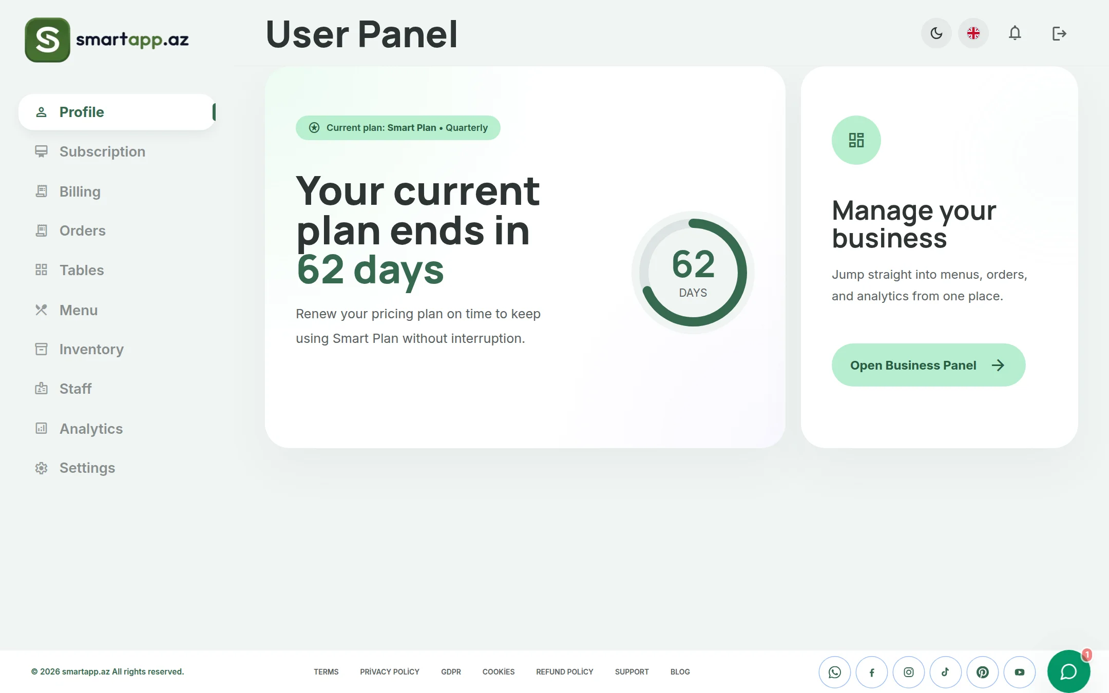 SmartApp.az user panel overview light theme