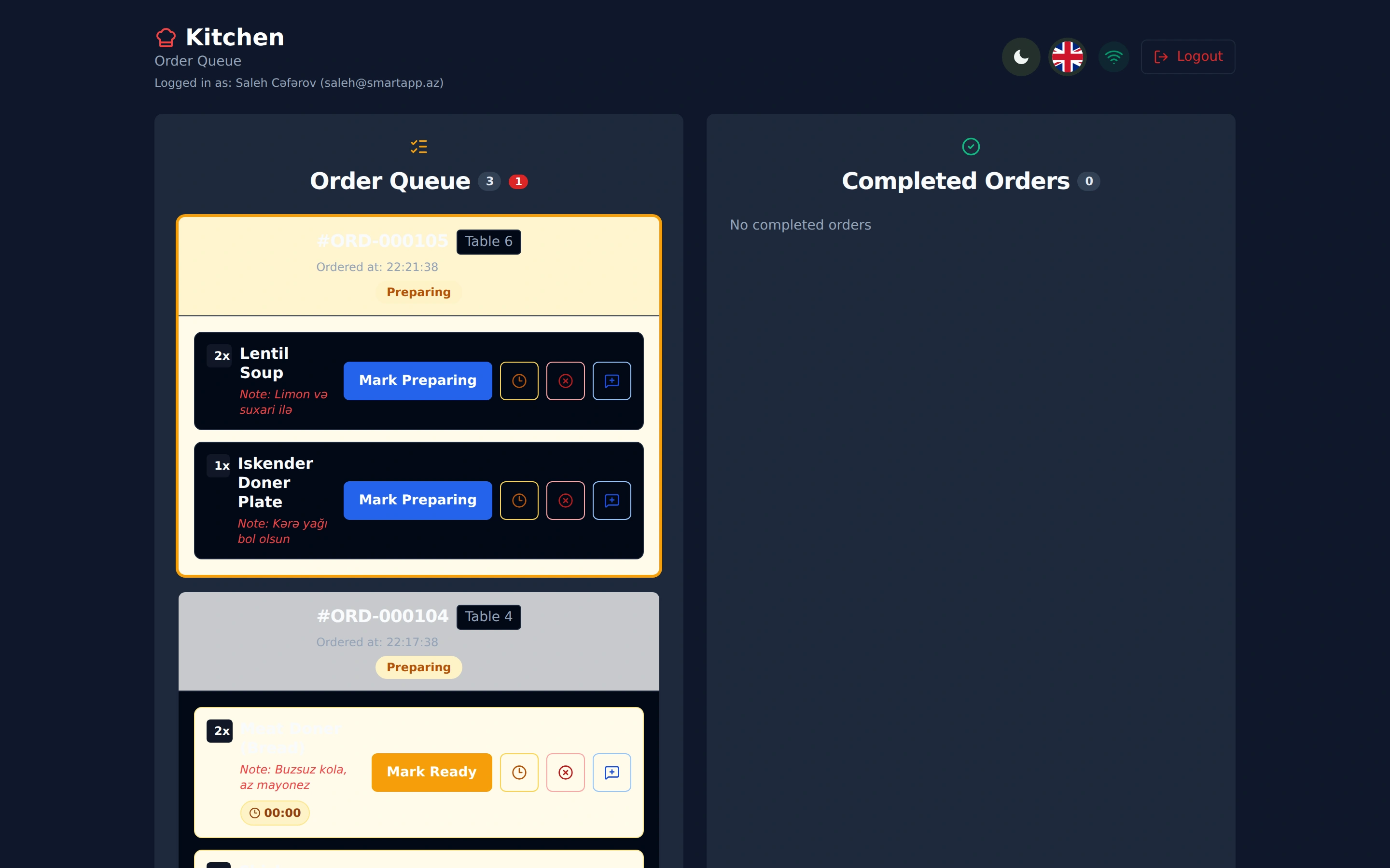 SmartApp.az Kitchen Display System (KDS) Dark Mode