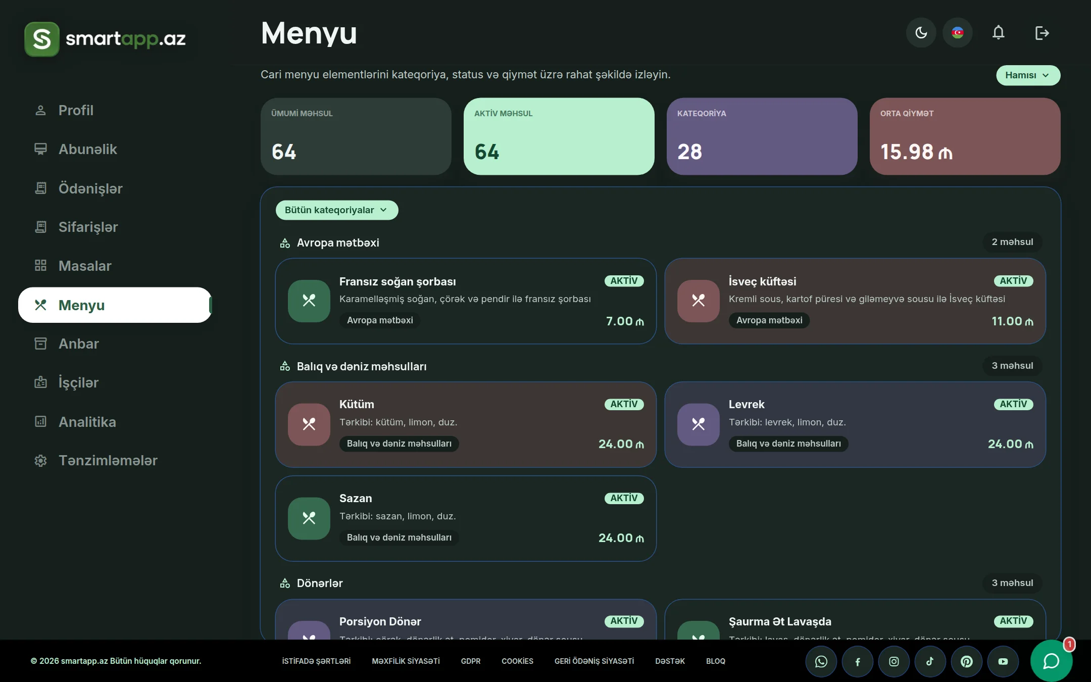 SmartApp.az menyu kataloqu izləmə paneli qaranlıq rejim