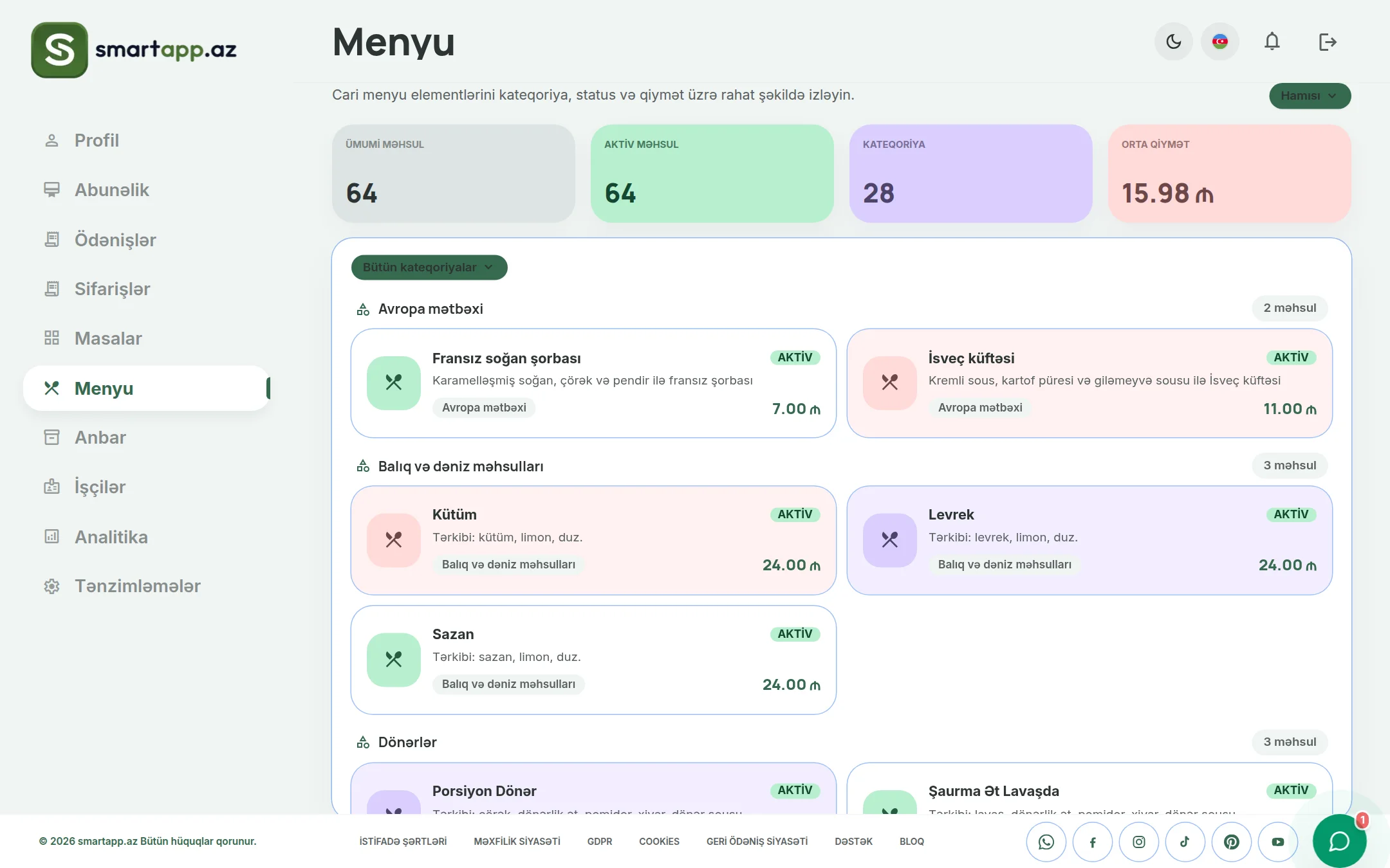 SmartApp.az menyu kataloqu izləmə paneli işıqlı rejim