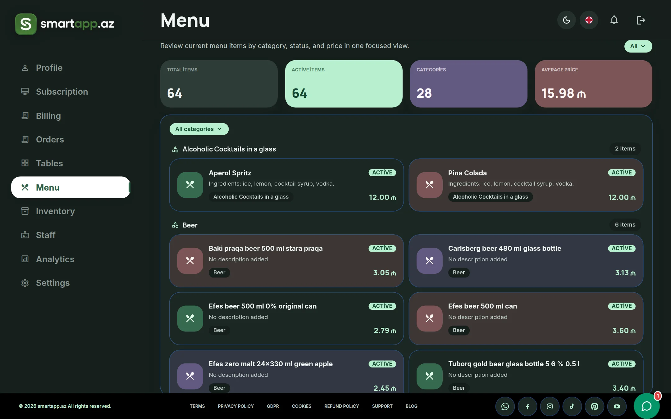 SmartApp.az menu catalog dark theme