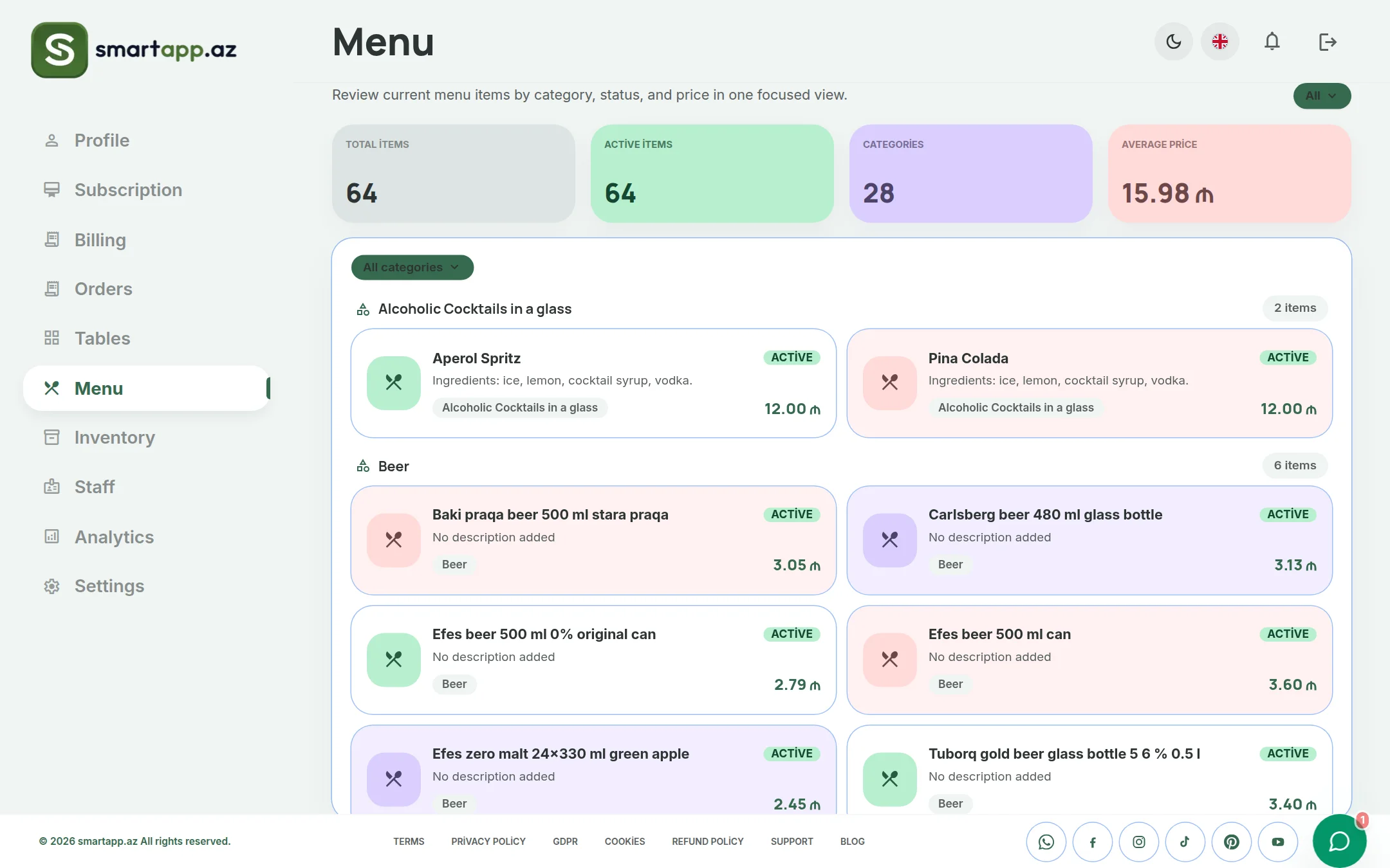 SmartApp.az menu catalog light theme