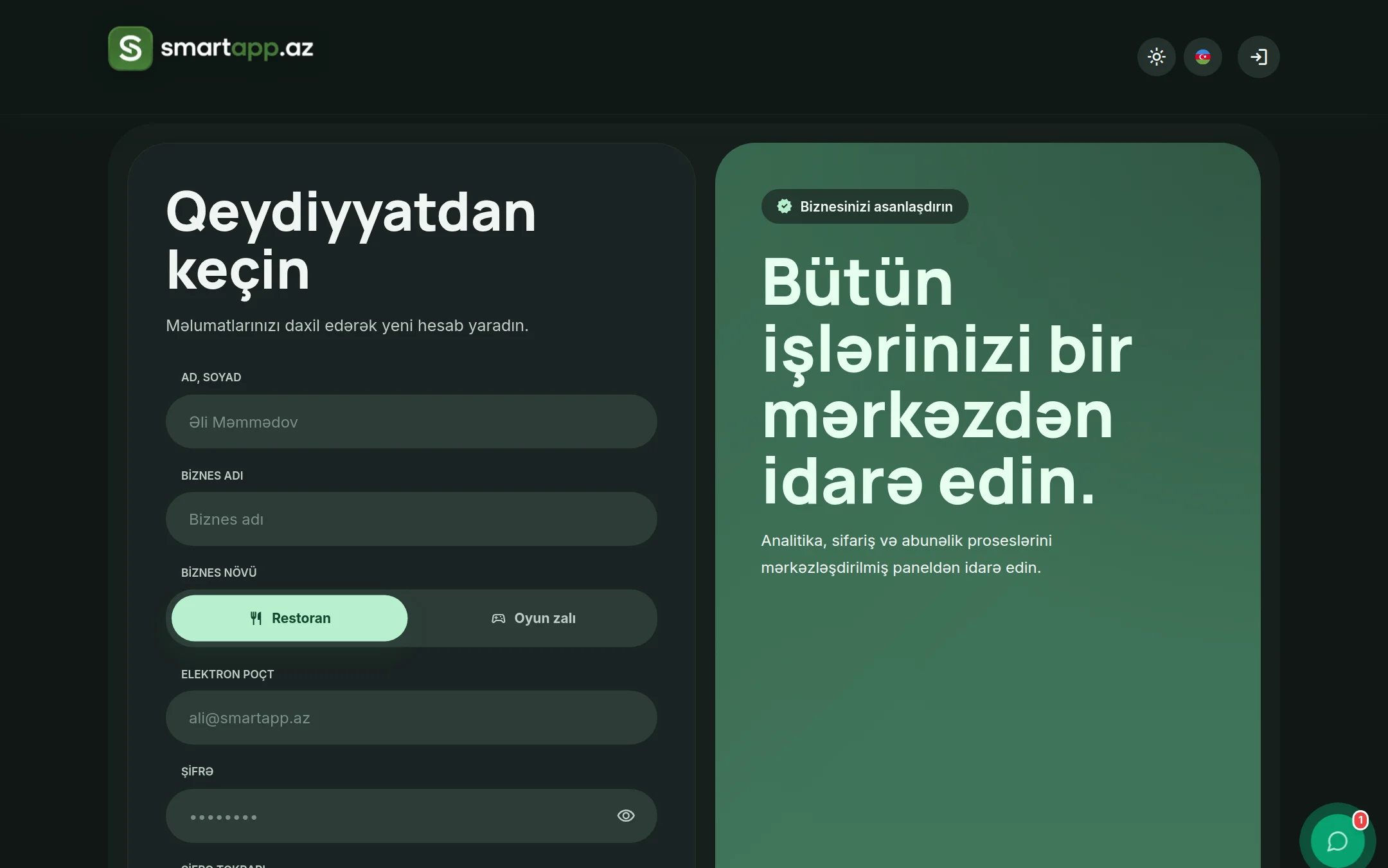 SmartApp.az qeydiyyat səhifəsi qaranlıq rejim