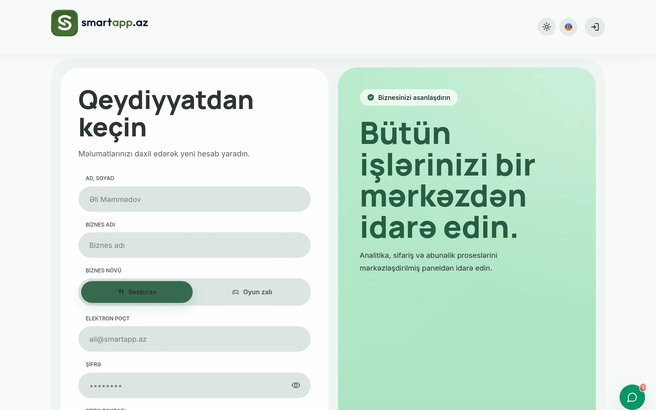 SmartApp.az qeydiyyat səhifəsi işıqlı rejim