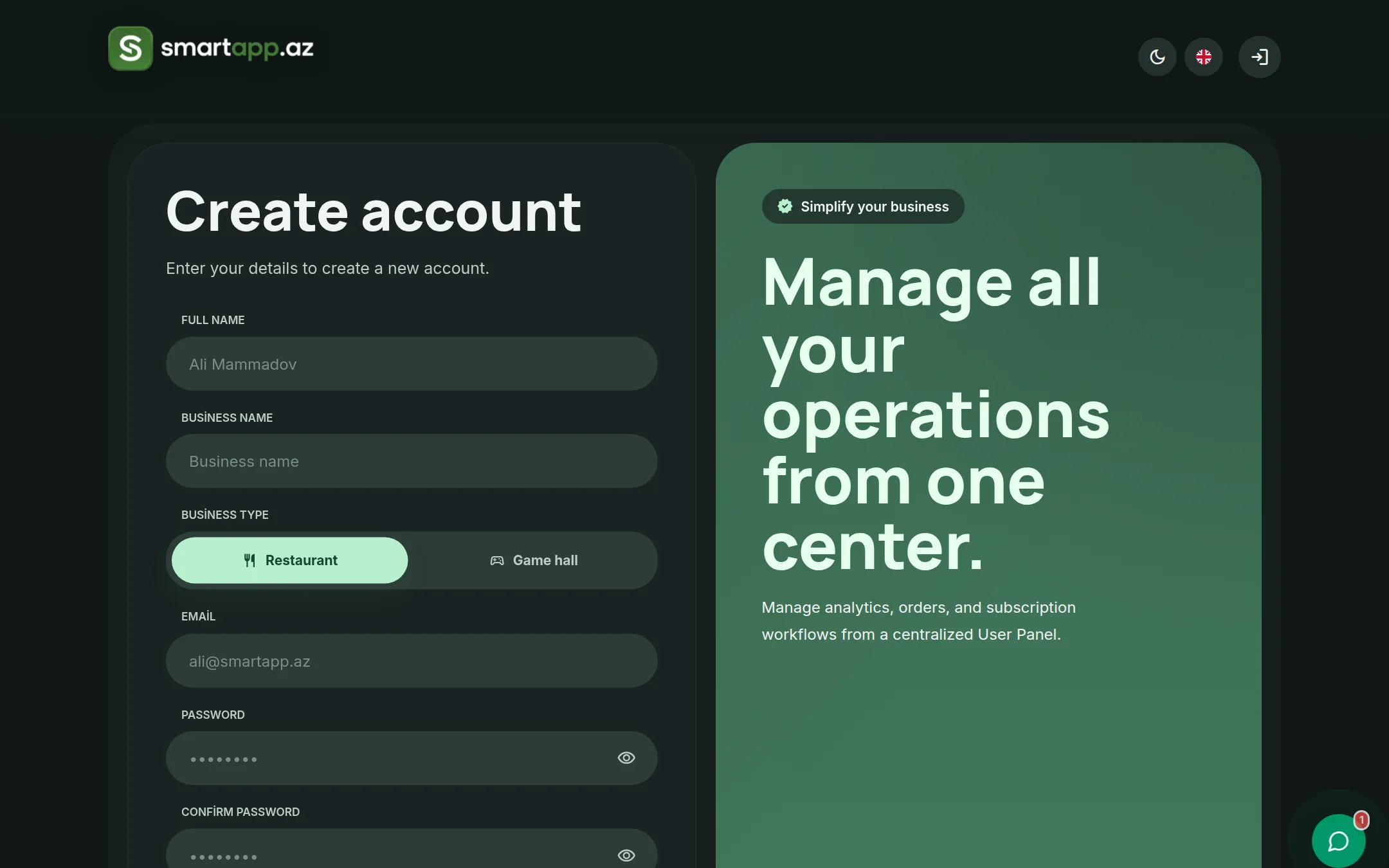 SmartApp.az registration page dark theme