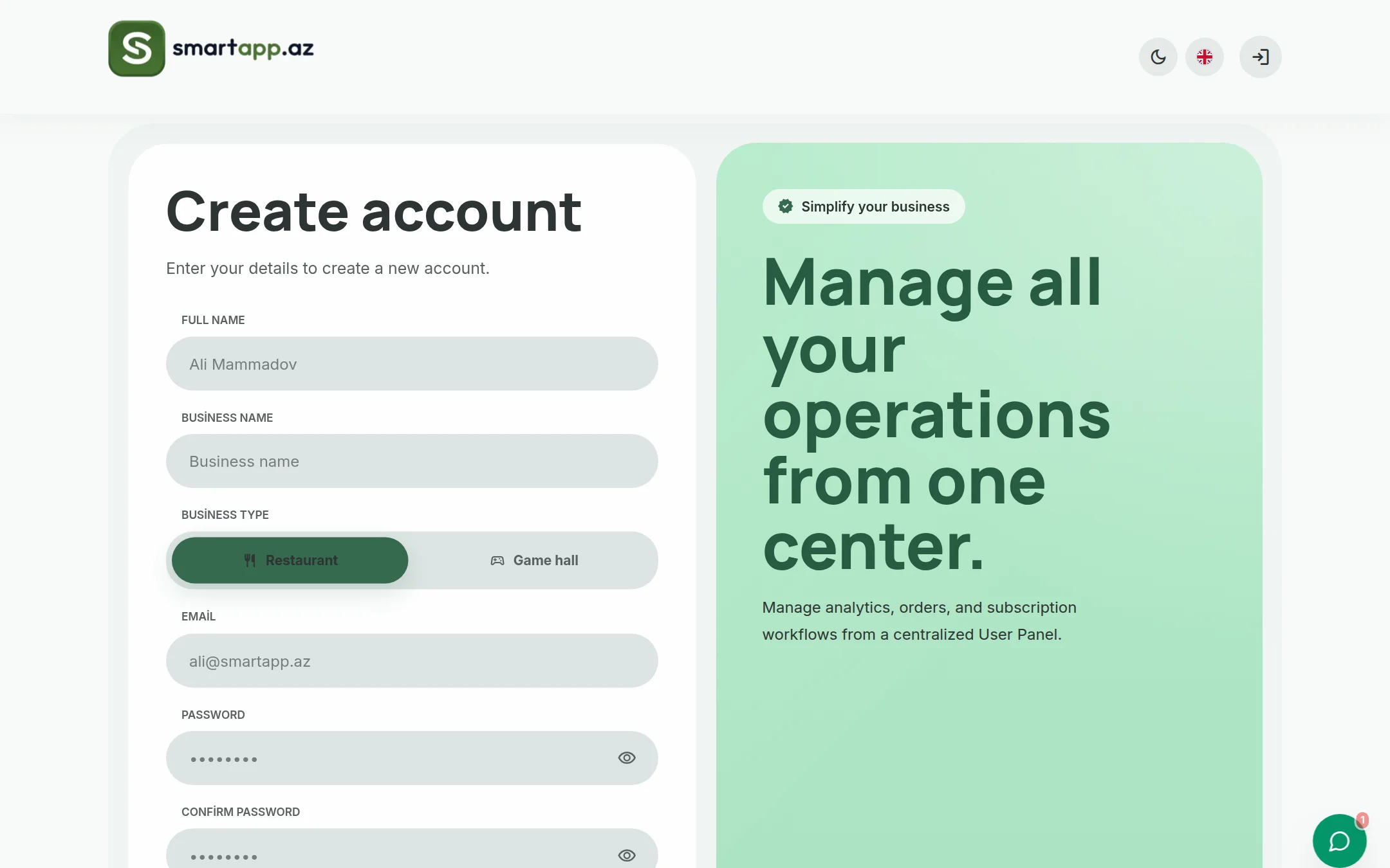 SmartApp.az registration page light theme