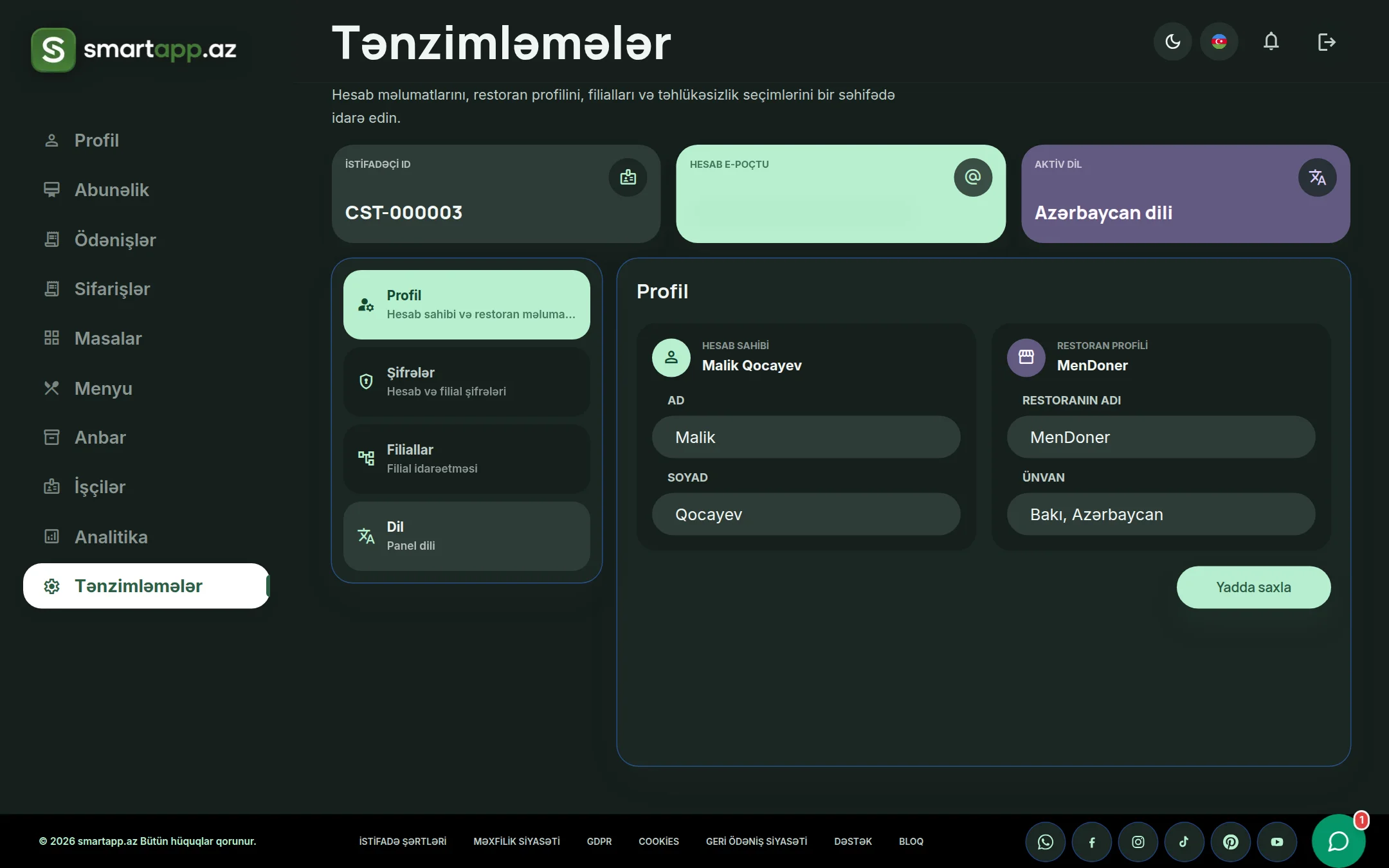 SmartApp.az profil və hesab parametrləri qaranlıq rejim