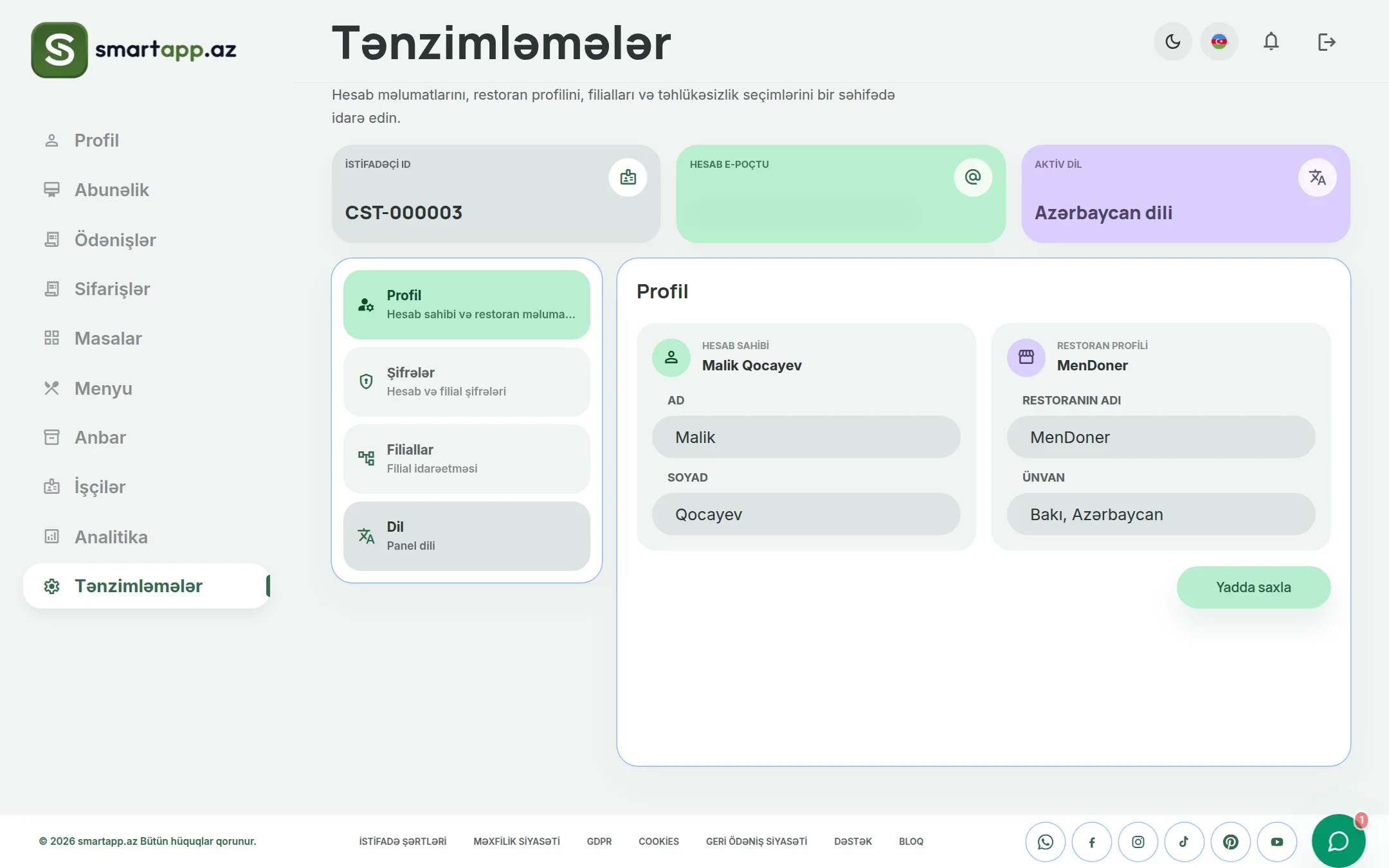 SmartApp.az profil və hesab parametrləri işıqlı rejim