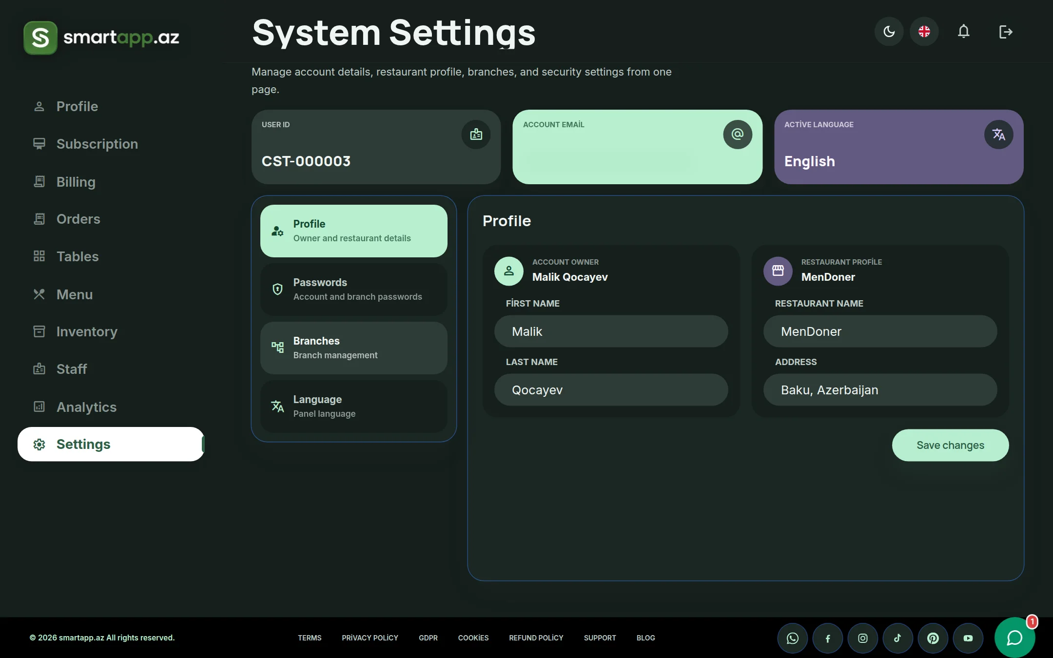 SmartApp.az profile settings dark theme