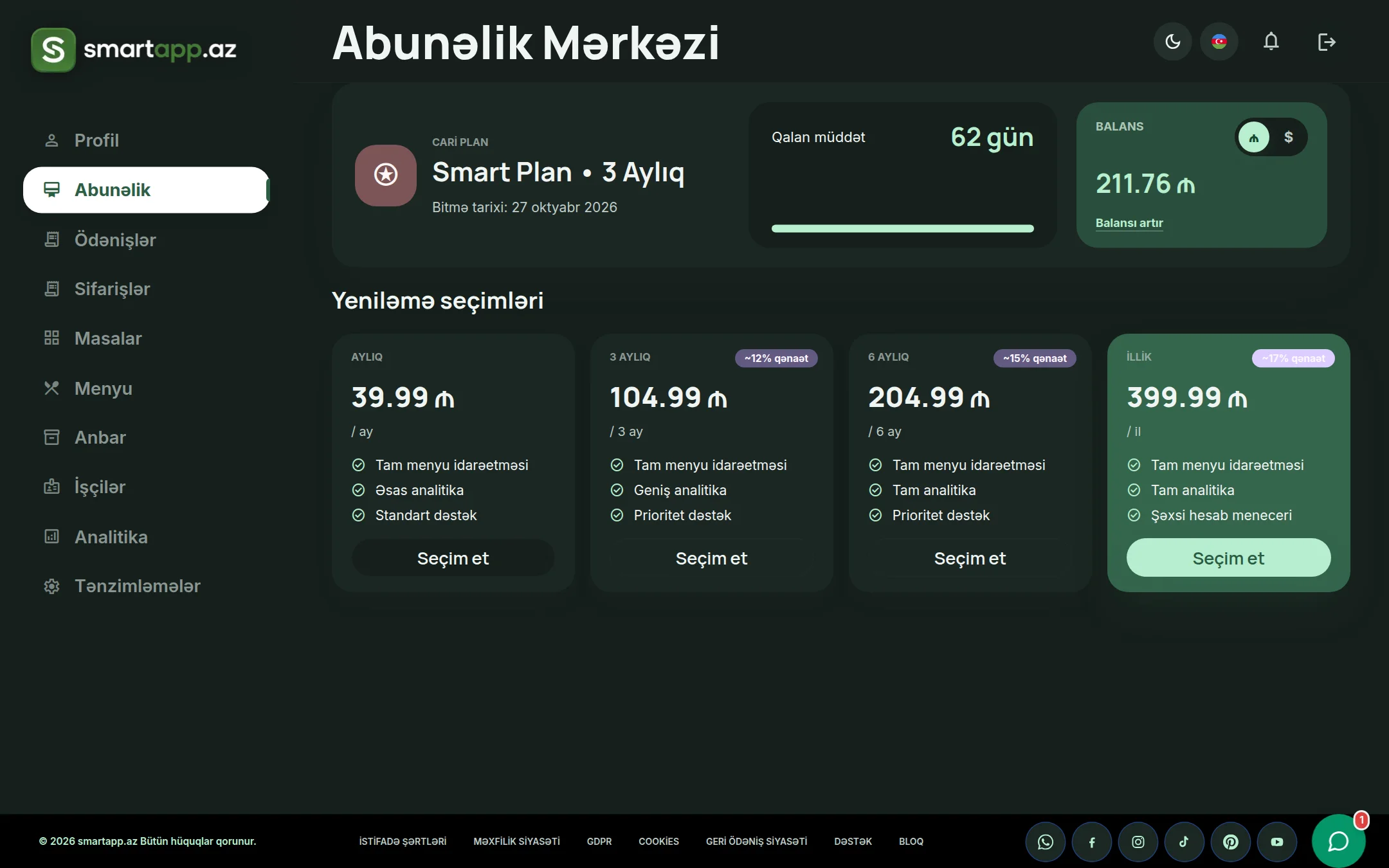 SmartApp.az abunəlik mərkəzi qaranlıq rejim