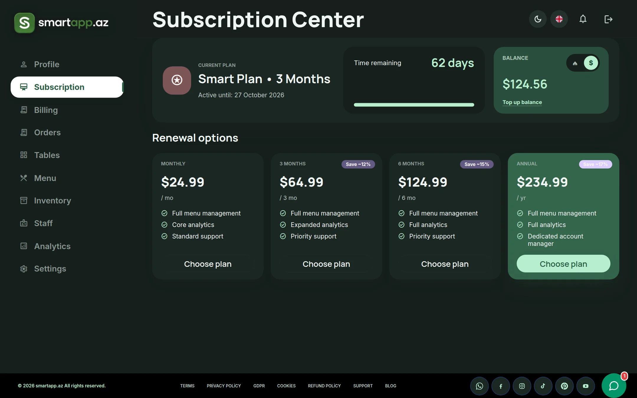 SmartApp.az subscription hub dark theme