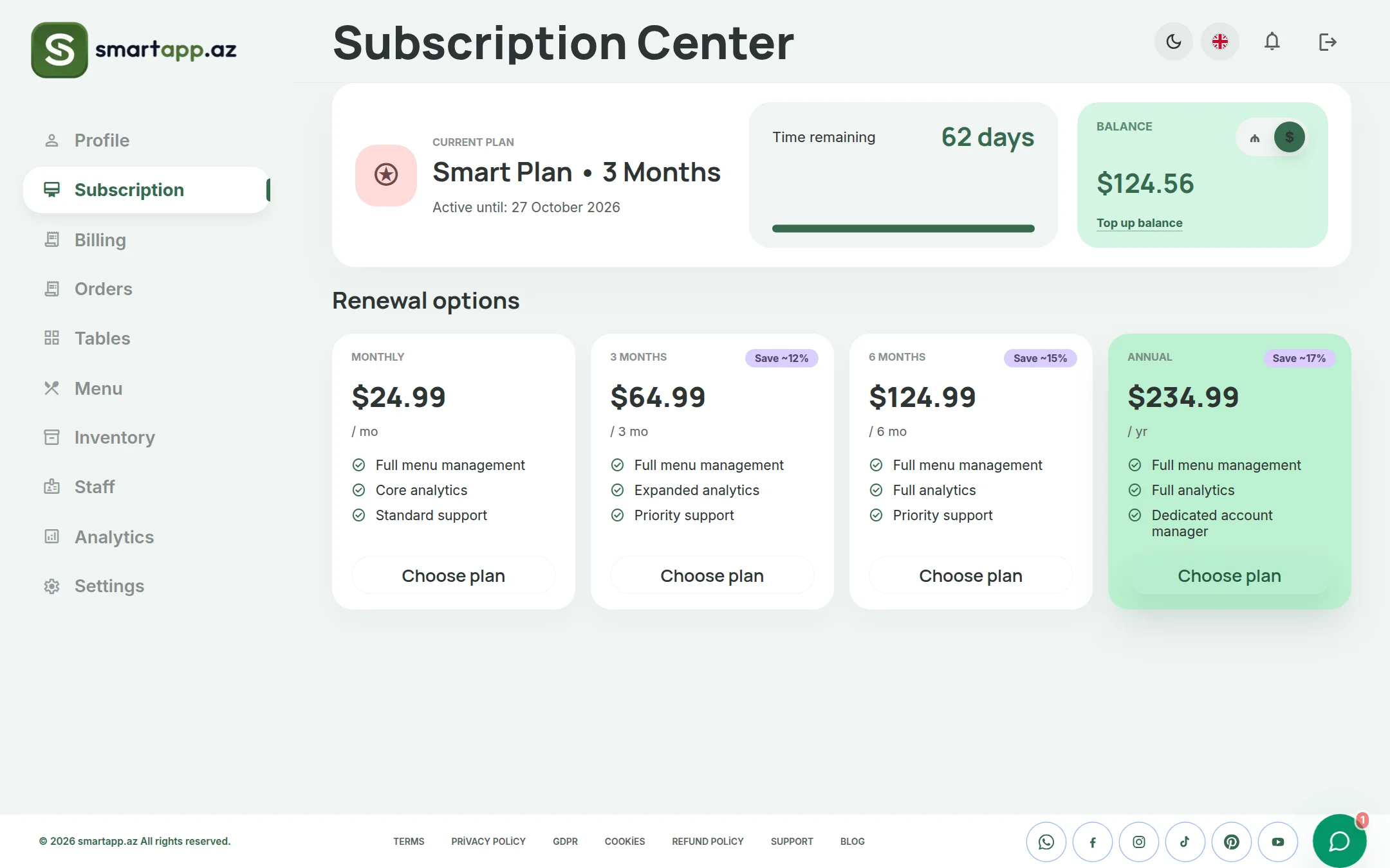SmartApp.az subscription hub light theme