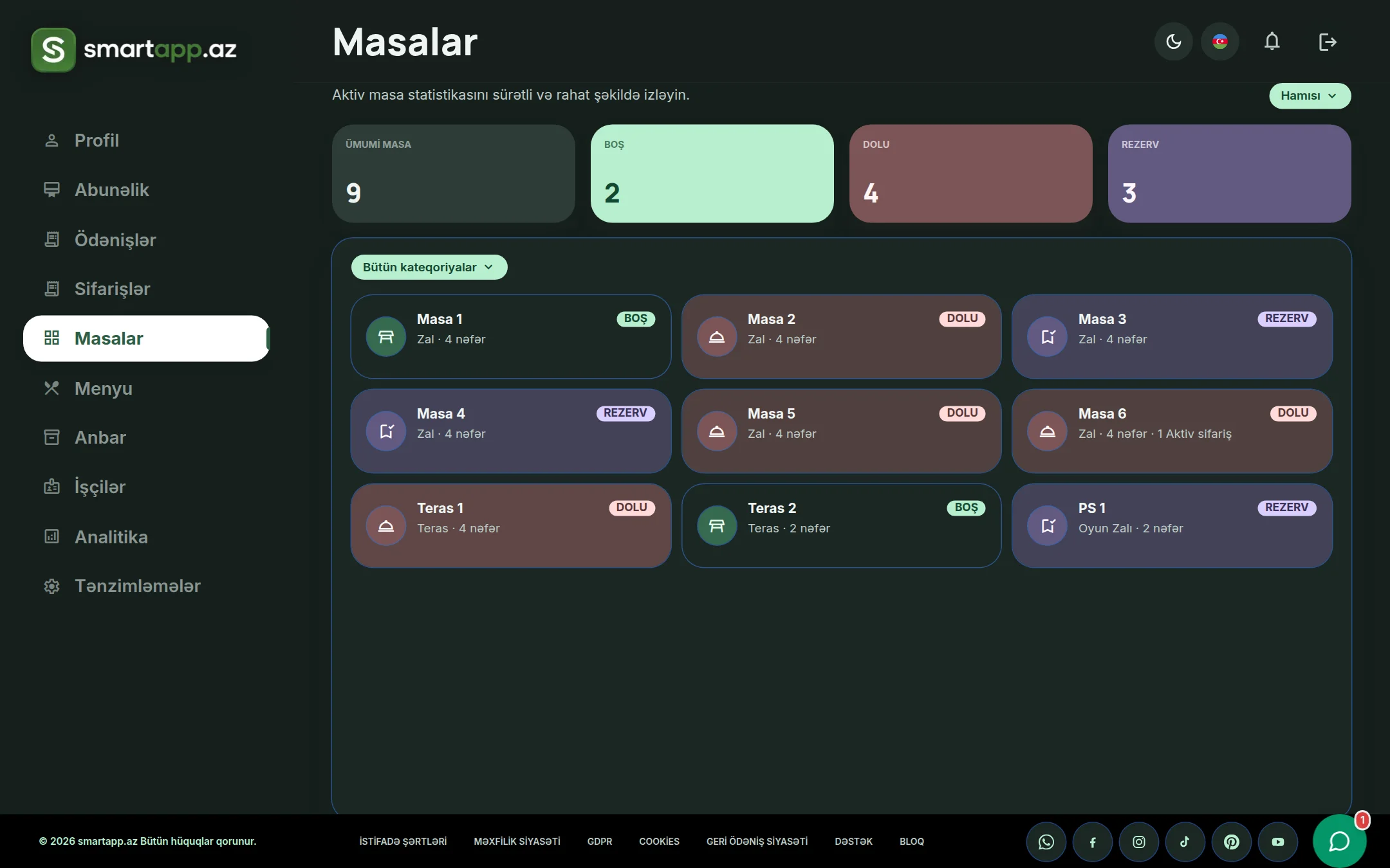 SmartApp.az masalar izləmə paneli qaranlıq rejim