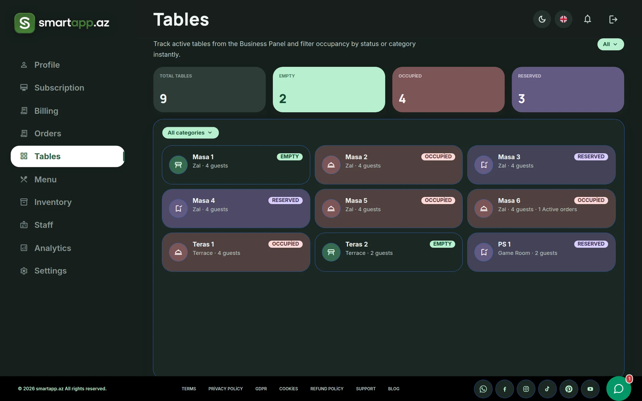 SmartApp.az tables overview dark theme