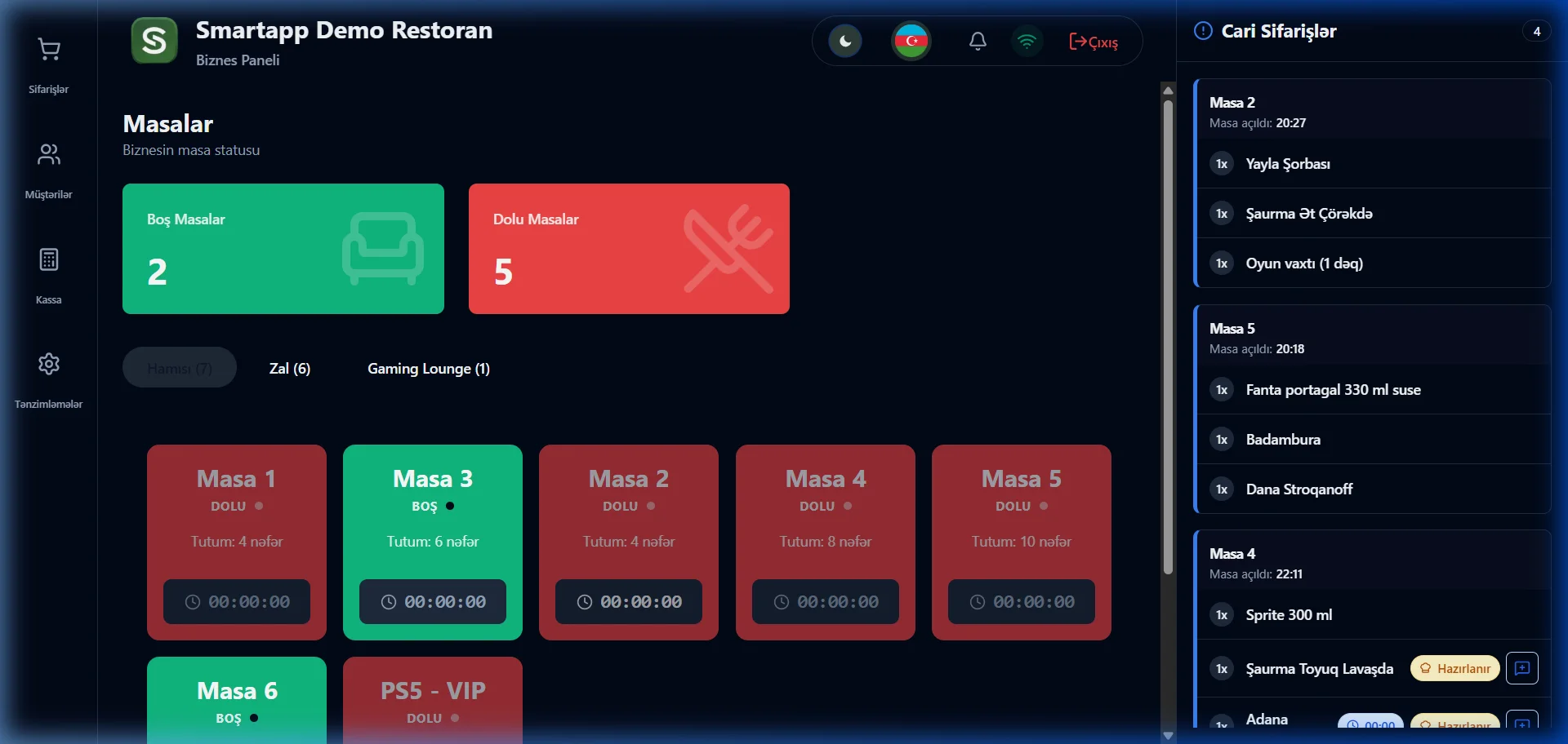 SmartApp.az masalar zalı və cari sifarişlər qaranlıq rejim