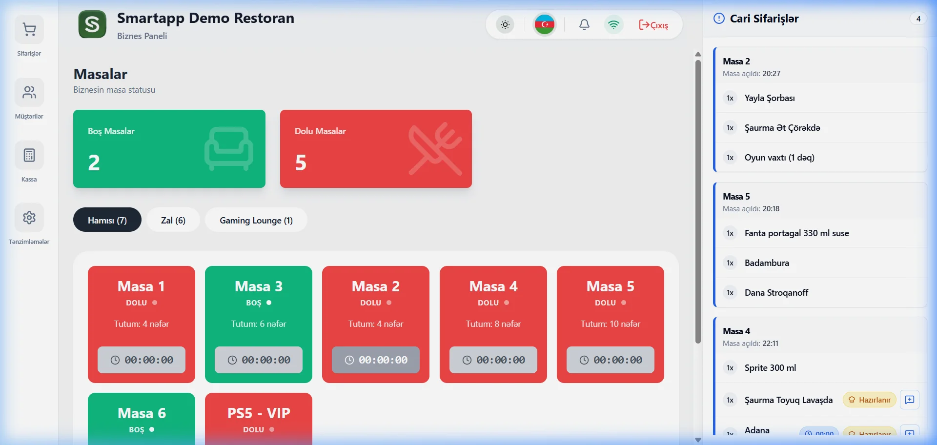 SmartApp.az masalar zalı və cari sifarişlər işıqlı rejim