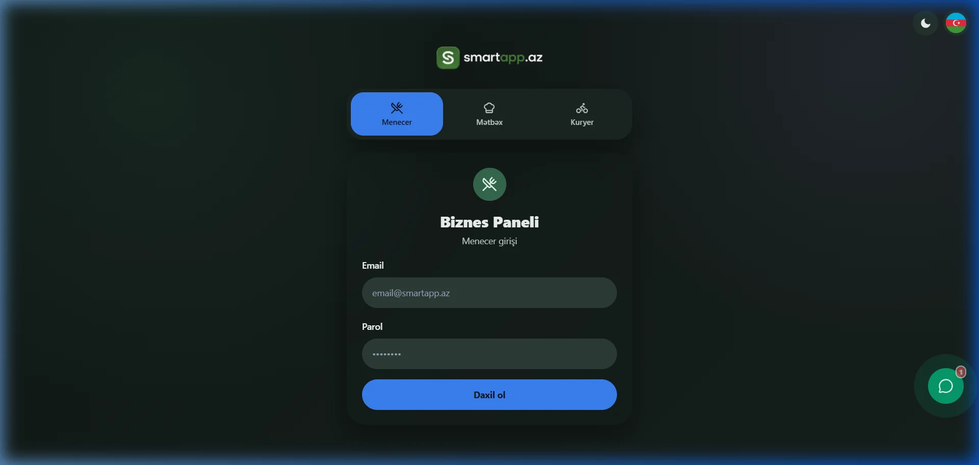 SmartApp.az giriş səhifəsi qaranlıq rejim