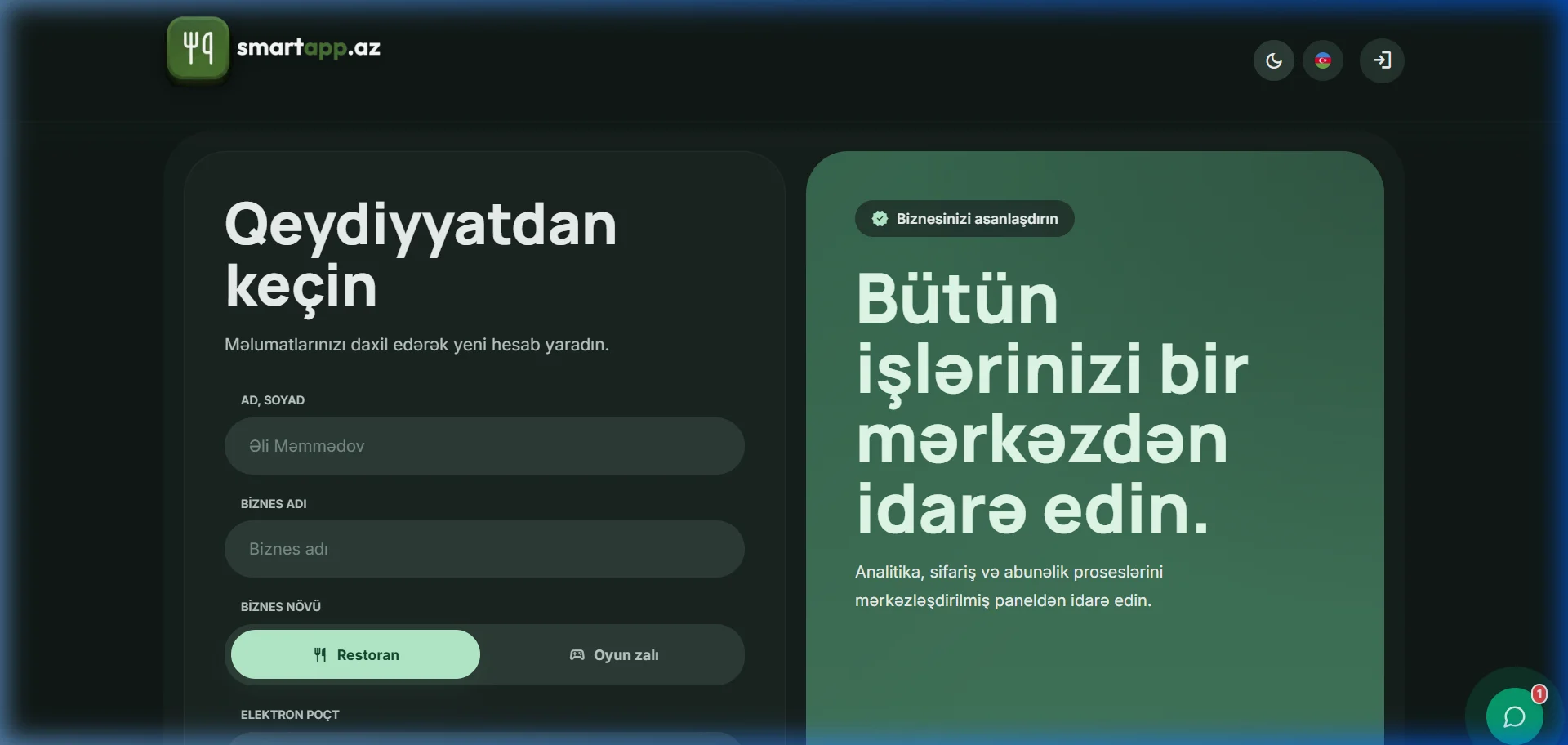 SmartApp.az qeydiyyat səhifəsi qaranlıq rejim