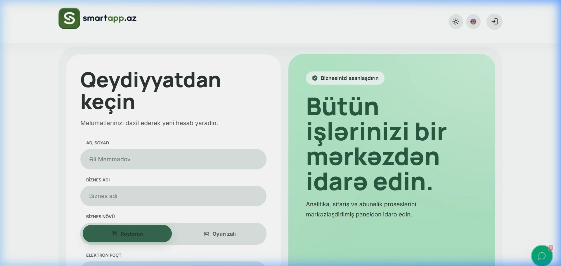 SmartApp.az qeydiyyat səhifəsi işıqlı rejim