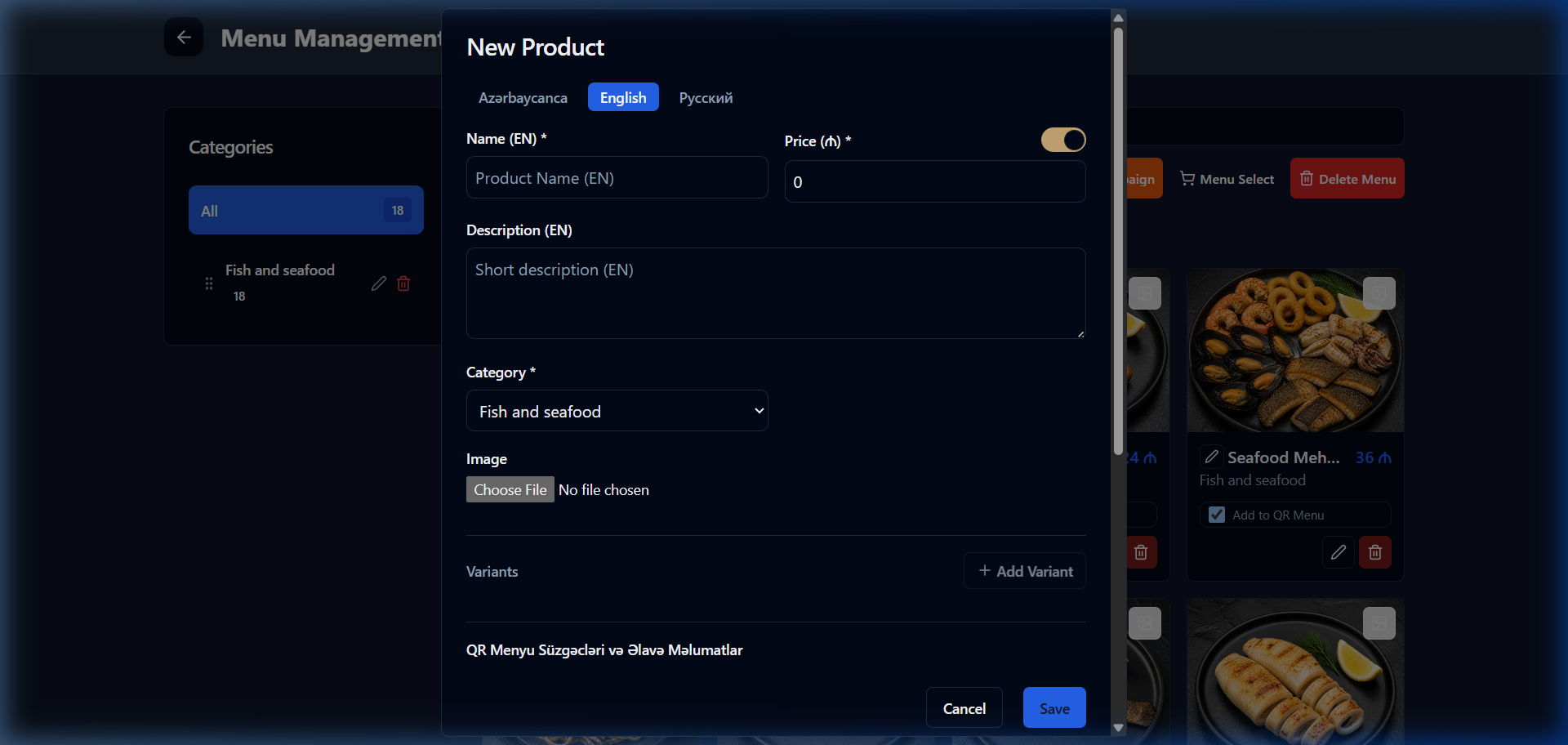 Add new product form - dark mode