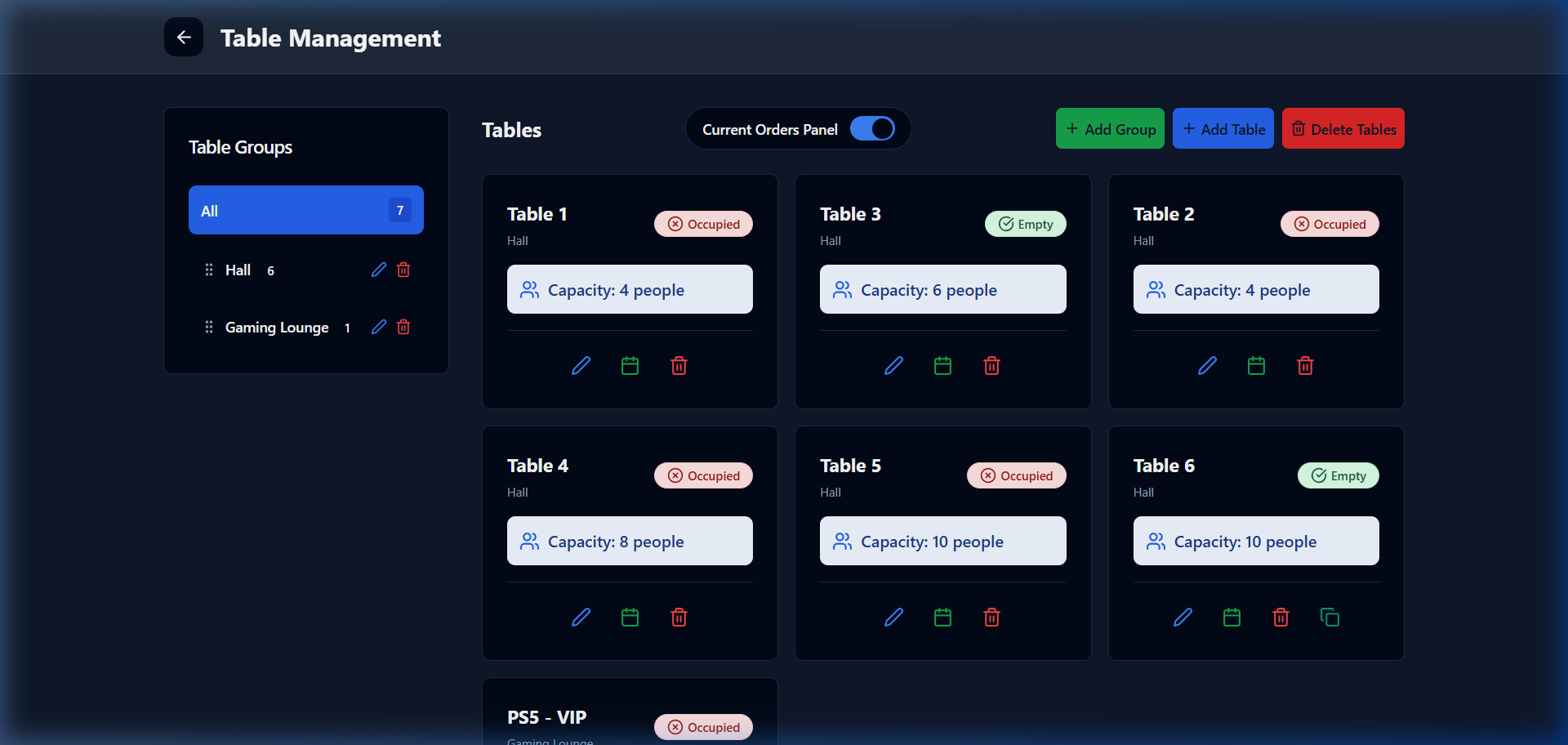 Table management panel - dark mode