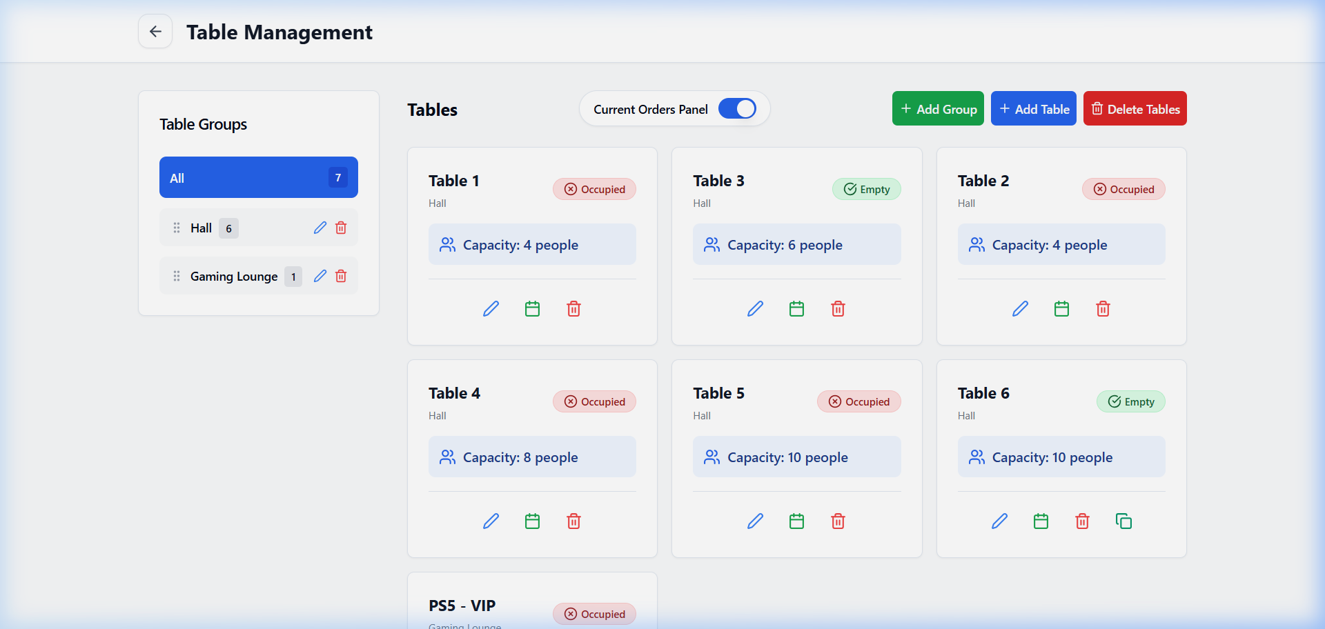 Table management panel - light mode